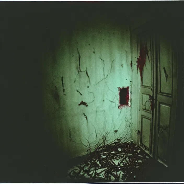 Prompt: unspeakable horrors, nightmare, horror, lovecraftian, unknown, dark, liminal space, abandoned house, red eyes, 3 5 mm, film shot