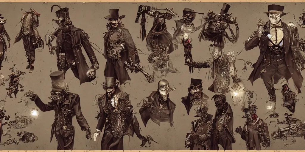 Image similar to steampunk the joker, character sheet, concept design, contrast, kim jung gi, greg rutkowski, zabrocki, karlkka, jayison devadas, trending on artstation, 8 k, ultra wide angle, pincushion lens effect