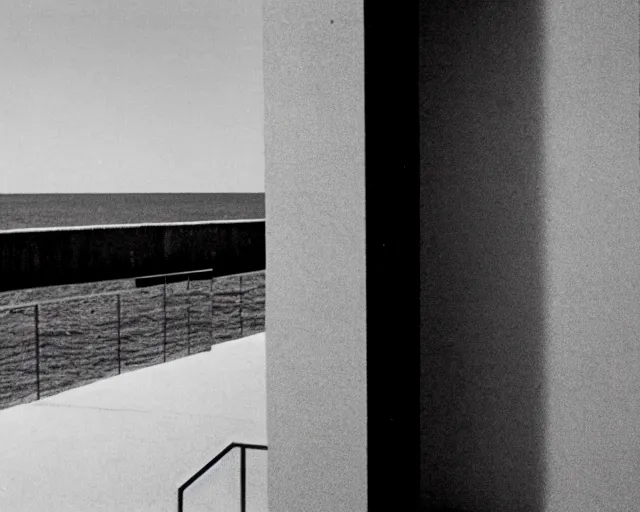 Prompt: a still of a woman standing on a brutalist white balcony, by the beach, minimalist composition, in a TV ad from 1987