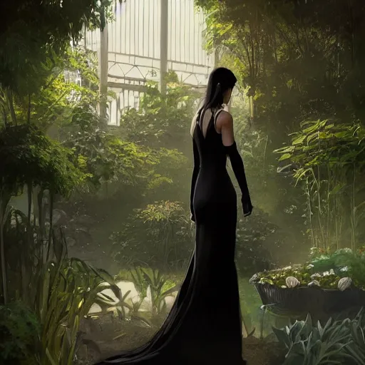 Image similar to a woman in a black dress standing in an elegant greenhouse garden, dramatic lighting, illustration by greg rutkowski, yoji shinkawa, 4 k, digital art, concept art, trending on artstation