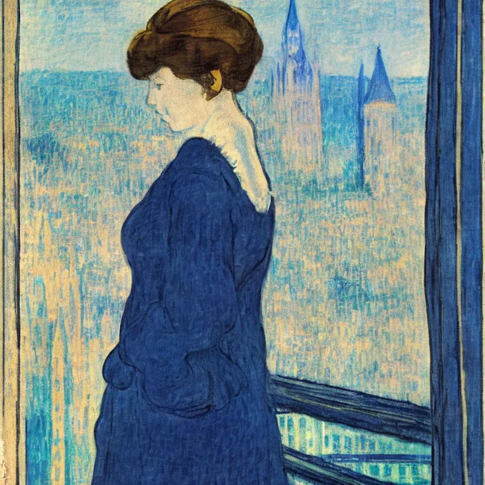 Prompt: woman in indigo dress with city with cathedral seen from a window frame at night. fuzzy white cat. monet, henri de toulouse - lautrec, utamaro, matisse, felix vallotton