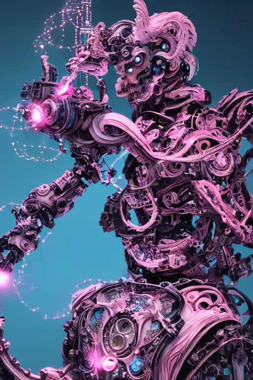 Image similar to full-body rococo and cyberpunk style sculpture of a young handsome Spanish prince half android with a chest exposing circuitry, glowing pink laser eyes, crown of blue gears and diamonds, swirling salmon-colored silk fabric, robotic raptors dinosaurs. baroque elements. full-length view. intricate artwork by caravaggio. Trending on artstation, octane render, cinematic lighting from the right, hyper realism, octane render, 8k, depth of field, 3D