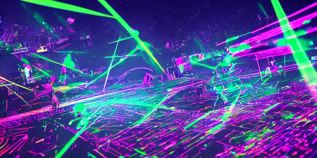 Prompt: laser light show while rappers battle on stage, digital art, vapor wave, hip hop, trending on Artstation, professional artist, detailed, 4k