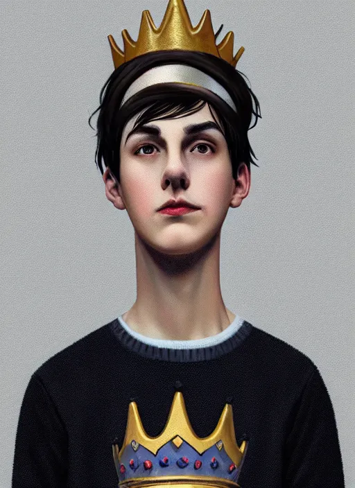 Image similar to portrait of teenage jughead jones wearing a light grey crown, photorealistic, crown, eyes closed, crown, black hair, sweater with letter s on it, letter s, intricate, elegant, glowing lights, highly detailed, digital painting, artstation, concept art, smooth, sharp focus, illustration, art by wlop, mars ravelo and greg rutkowski