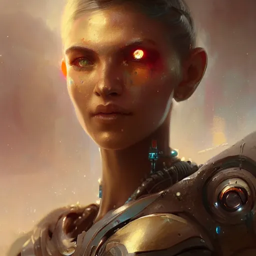 Image similar to a beautiful portrait of a cyborg goddess, a detailed painting by greg rutkowski and raymond swanland, featured on cgsociety, fantasy art, detailed painting, artstation hd, photorealistic