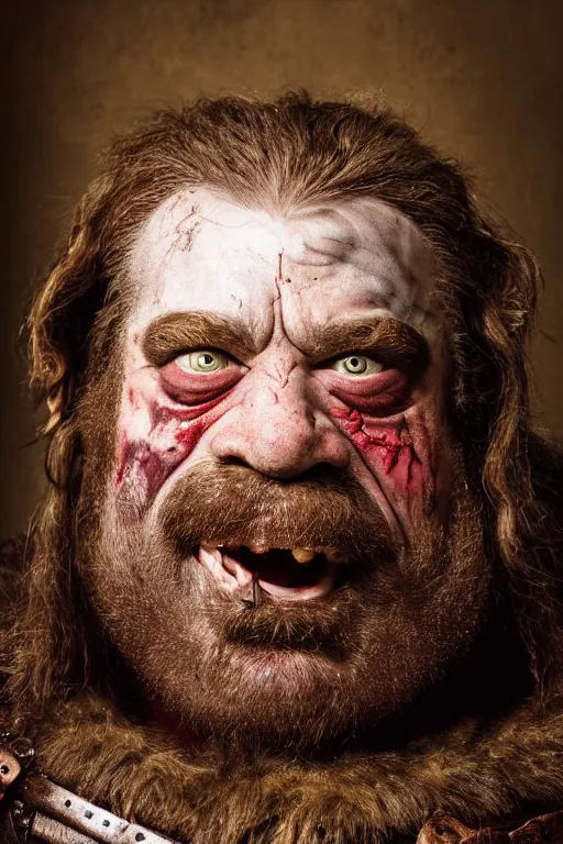 Image similar to head and shoulders portrait in a tavern of a dwarf adventurer, jovial, scarred lip, grandfatherly, leather armor, male, high fantasy, d & d, by annie liebovitz, face details, extremely detailed, photo