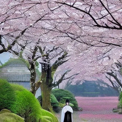 Image similar to a beautiful White cloaked Samurai Warrior with Sword Drawn in a garden of Cherry Blossom Trees :: Mystical, Magical, Supernatural :: by Mitsuru Adachi