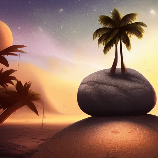 Image similar to A rock with googly eyes, the rock is chilling on the beach, palm trees swaying in the wind, the moon rising on the horizon, stars glistening in the night, hyperdetailed, artstation, cgsociety, 8k