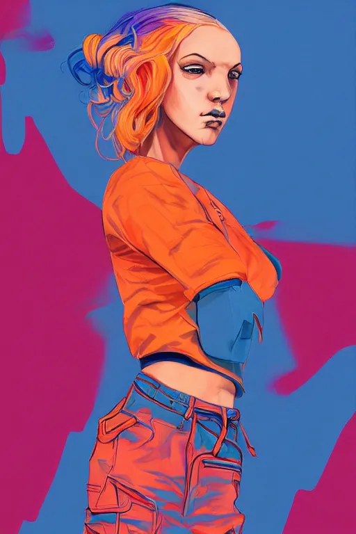 Image similar to a award winning half body portrait of a beautiful caucasian woman in a croptop and cargo pants with ombre orange blue teal hairstyle with head in motion and hair flying by martine johanna and will eisner, outrun, vaporware, digital art, trending on artstation, highly detailed, fine detail, intricate