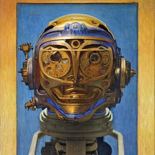 Image similar to painting of the mechanical robot in a floral mask, by annie swynnerton and diego rivera and nicholas roerich and jean delville, symbolist, dramatic lighting, elaborate geometric ornament, art brut, soft cool colors, smooth, sharp focus, extremely detailed, adolf wolfli and donato giancola