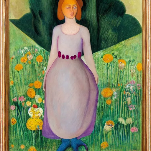 Image similar to moonstone earthy by boris grigoriev. a land art of a young girl with blonde hair, blue eyes, & a pink dress. she is standing in a meadow with flowers & trees.