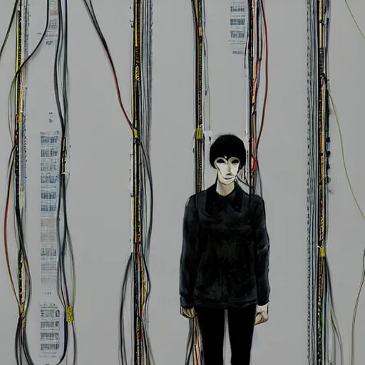 Image similar to portrait of lain iwakura connected to a room full of cables computers and displays by ruan jia and joao ruas. atmospheric