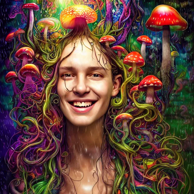 Prompt: bright smiling portrait surrounded by psychedelic mushrooms with rain on face and wet hair, diffuse overhead lighting, fantasy, intricate, elegant, dramatic lighting, highly detailed, lifelike, photorealistic, digital painting, artstation, illustration, concept art, smooth, sharp focus, art by John Collier and Albert Aublet and Krenz Cushart and Artem Demura and Alphonse Mucha