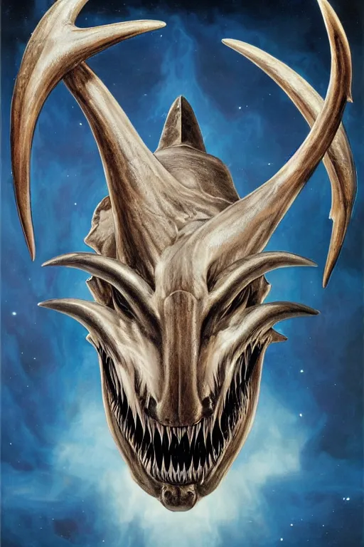 Prompt: sideview waist up portrait of baphomet shark with big antler made with porcelain by jeff easley and peter elson, beautiful eyes and face, symmetry face, galaxy, gothic, surreal, dread, highly detailed, intricate complexity, epic composition, magical atmosphere, masterpiece, award winning, trending on artstation