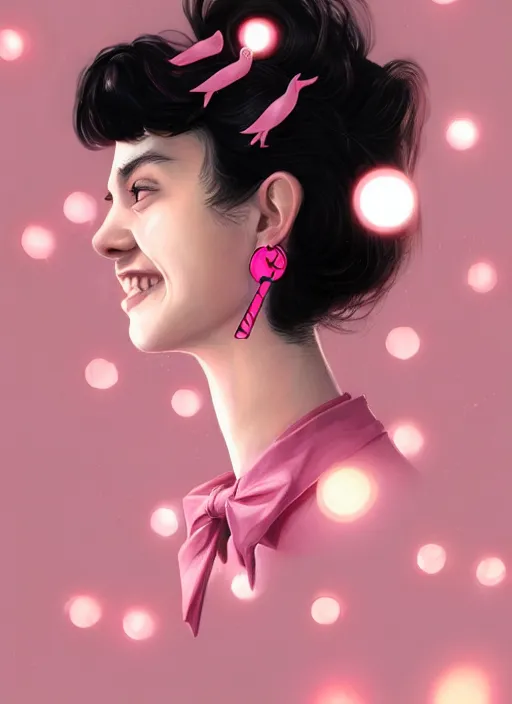 Image similar to portrait of high school girl, realistic, black hair, bangs, half updo hairstyle, pointy nose, skinny, smile, ugly, defined jawline, big chin, pink hair bow, earrings, intricate, elegant, glowing lights, highly detailed, digital painting, artstation, sharp focus, illustration, art by wlop, mars ravelo and greg rutkowski