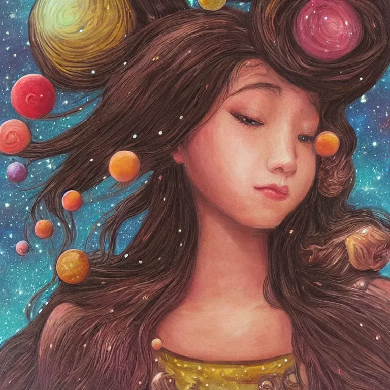 Image similar to a beautiful portrait of a singular inspirit girl on whose head a space and cosmic places like ganache, planets like a whipped frosting or filling made with semisweet chocolate and cream, used for cakes, pastries, and candies, highly detailed, fantasy art, art work