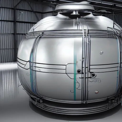 Image similar to big metallic capsule connected to pipelines, purpose is pump, standing in large industrial hall, designed by best engineers, raytracing, reflections