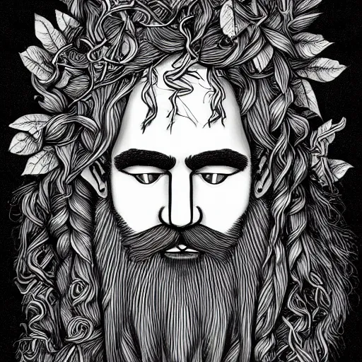 Image similar to huge male druid gray face pointy ears long beard with vines as hair hibiscus flowers detailed drawing