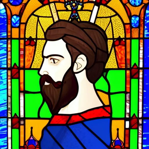 Prompt: detailed side - view portrait of a king, very short hair and very short beard, astral royal crown with small spikes, red coat gothic stained glass window, shiny blue background, very masterful, backlit