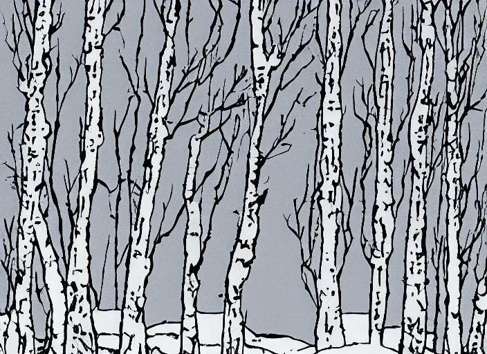 Prompt: stark minimalist rocky snowdrift birch landscape background from calvin and hobbes by bill watterson