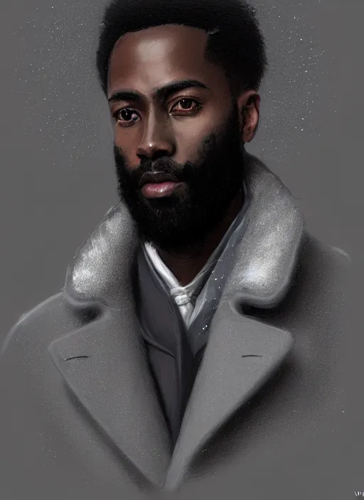 Prompt: portrait of handsome black man wearing grey peacoat, luxury townhome interior, beard, wealth and luxury, elegant atmosphere, glowing lights, highly detailed, digital painting, artstation, concept art, smooth, sharp focus, illustration, art by wlop, mars ravelo and greg rutkowski