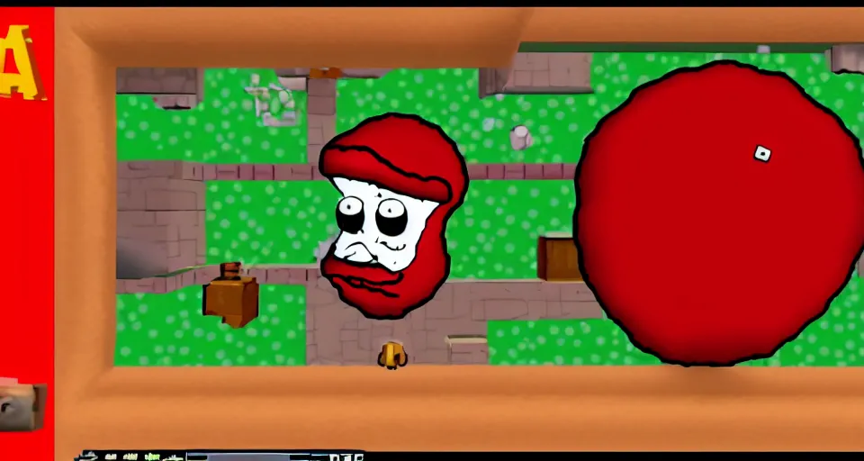 Image similar to Screenshot of a 3d version of Meatwad from Aqua Teen Hunger Force as a 3d NPC in the 3d videogame 'Super Mario 64'. Sharpened. 1080p. High-res. Ultra graphical settings.