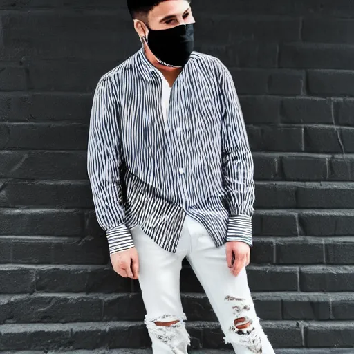 Image similar to professional sketch of a full-body view of a stylish young adult man with short hair wearing a black face mask, a striped long-sleeved shirt, and ripped jeans, high quality, HD, 8K, highly detailed, award-winning