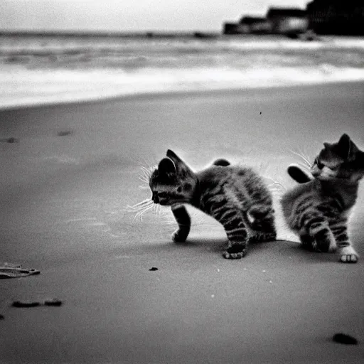 Prompt: kittens storming Normandy Beach, photo black and white