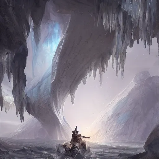 Image similar to riding the warcat into the translucent ice caves. melancholy undertones, high fantasy art official contest submission greg rutkowski 3 8 4 0