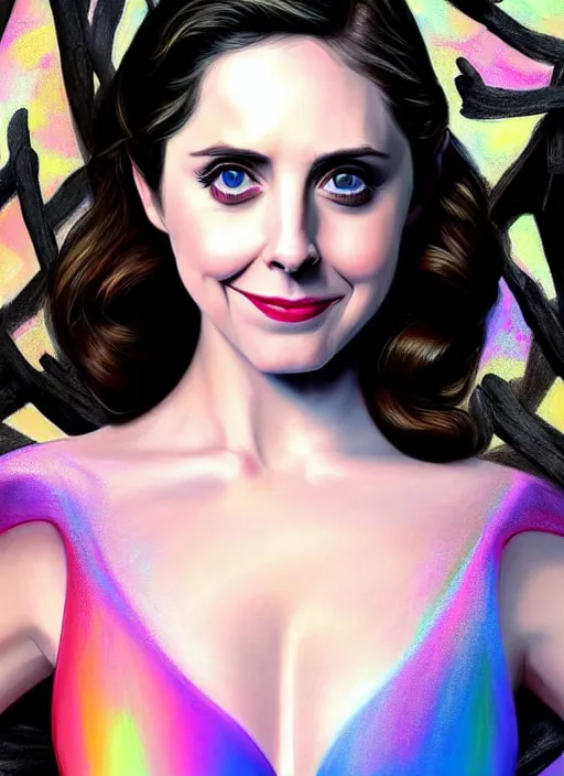 Prompt: evil Alison Brie in her best gala clothes staring in amusement at you. soft detailed painting at 16K resolution and amazingly epic visuals. epically beautiful image. amazing effect, image looks gorgeously crisp as far as it's visual fidelity goes, absolutely outstanding. vivid clarity. ultra detail. iridescent. mind-breaking. mega-beautiful pencil shadowing. beautiful face. Ultra High Definition. soft shading. soft texture. intensely beautiful.