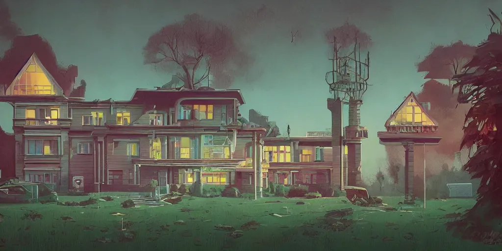 Image similar to 80s mansion in the style of simon stalenhag