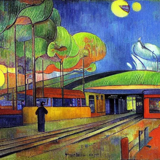 Prompt: modern train station by paul gauguin