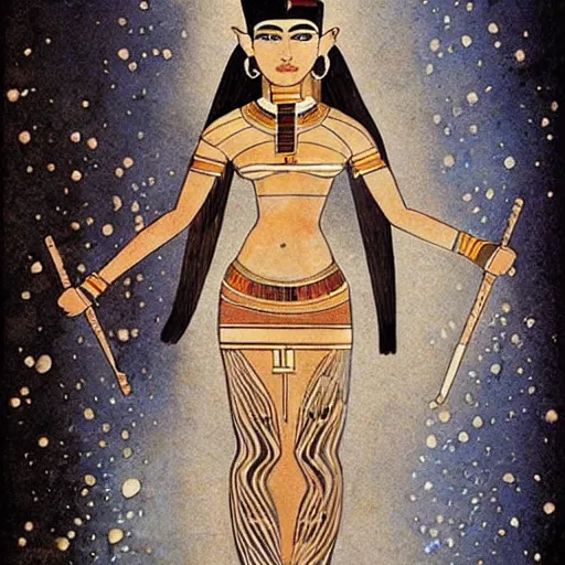 Prompt: A beautiful performance art. She has deeply tanned skin that makes me think of Oort, an almond Asian face and a compact, powerful body. ancient egyptian mural by Dustin Nguyen ghostly, washed-out