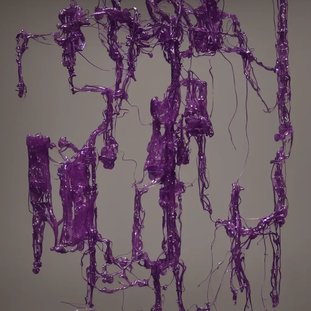 Image similar to an abstract organism machine with purple wax form by nadav kander