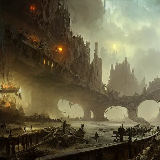 Prompt: a rickety bridge over a dark chasm with flying piles of bones, matte painting, fantasy art, by greg rutkowski, by andreas achenbach,