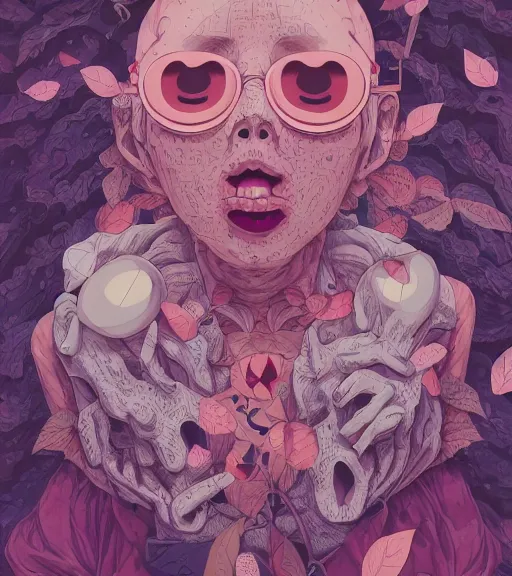 Prompt: portrait, nightmare anomalies, leaves with a spirited by miyazaki, violet and pink and white palette, illustration, kenneth blom, mental alchemy, james jean, pablo amaringo, naudline pierre, contemporary art, hyper detailed