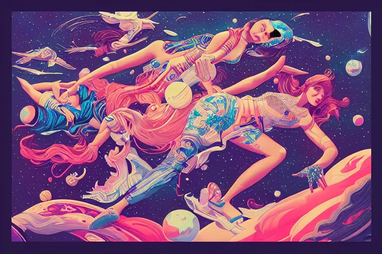 Image similar to supermodel pillow fight in space, tristan eaton, victo ngai, artgerm, rhads, ross draws