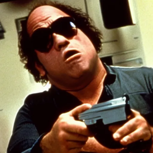 Image similar to a screenshot of Danny Devito playing The Terminator (1980s)