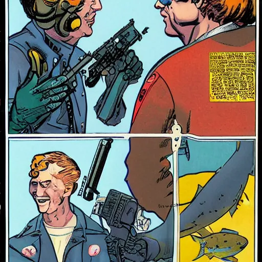 Image similar to two cods talking to eachother in deep sea, art by howard chaykin