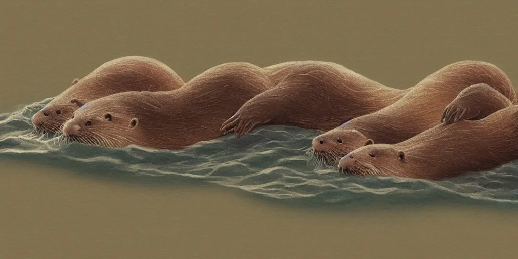 Image similar to otters hold hands while they sleep so nobody will drift away to the sea during the stormy night , fantasy illustration, cinematic, award winning, romantic, detailed trending on artstation, masterpiece