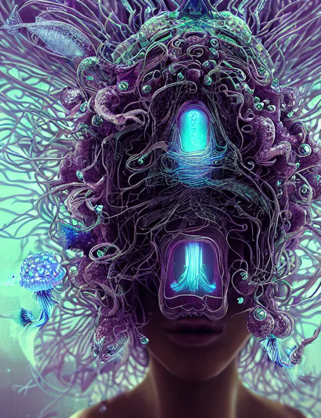 Image similar to goddess macro close - up portrait wigh crown made of ram skull. betta fish, jellyfish phoenix, bioluminiscent, plasma, ice, water, wind, creature, super intricate ornaments artwork by tooth wu and wlop and beeple and greg rutkowski