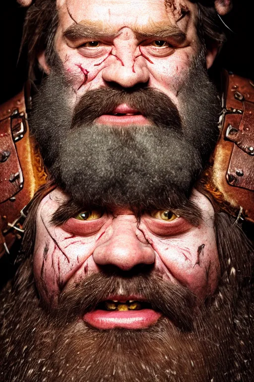 Image similar to head and shoulders portrait in a tavern of a dwarf adventurer, jovial, scarred lip, grandfatherly, leather armor, male, high fantasy, d & d, by annie liebovitz, face details, extremely detailed, photo