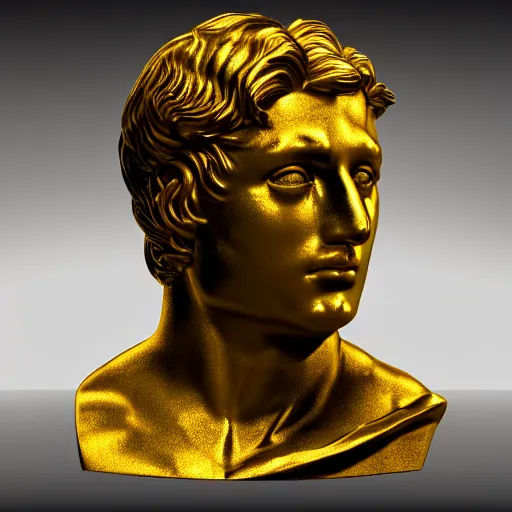 Image similar to a realistic render of an abstract golden Roman bust, high contrast lighting, 4k, concept art