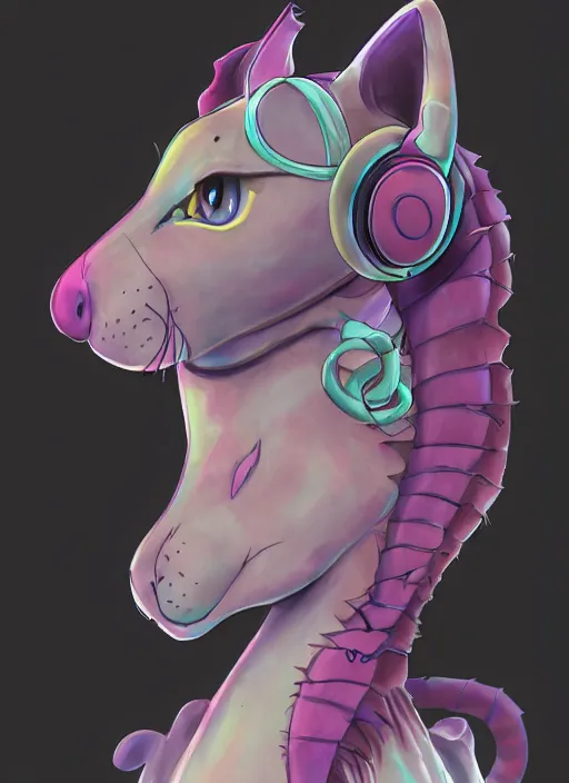 Prompt: cat seahorse fursona wearing headphones, autistic bisexual graphic designer and musician, attractive androgynous humanoid, coherent detailed character design, weirdcore voidpunk digital art by claire hummel, furaffinity, cgsociety, trending on deviantart