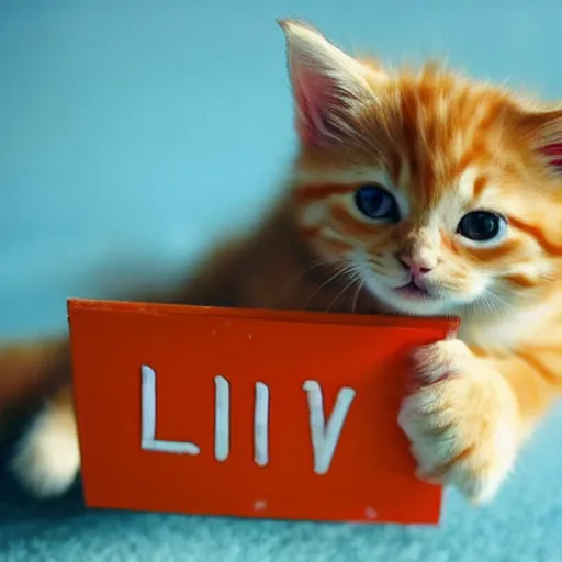 Image similar to cute fluffy orange tabby kitten with a sign that says