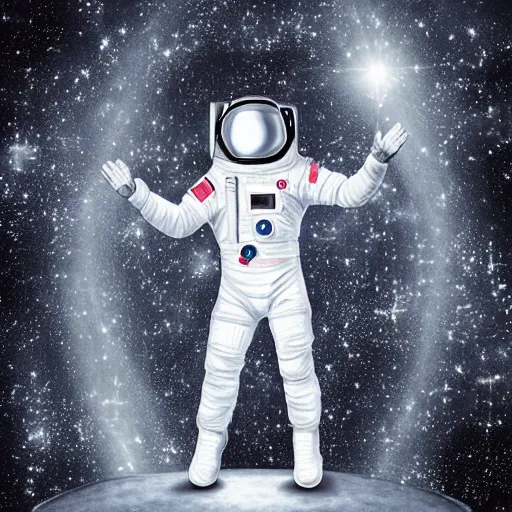 Image similar to man in silver space suit, walking on a catwalk suspended in the darkness of space, surrounded by stars, realistic illustration