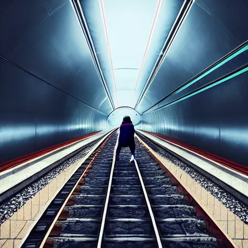 Image similar to someone standing on top of a train travelling through a futuristic tunnel, realistic, cinematic