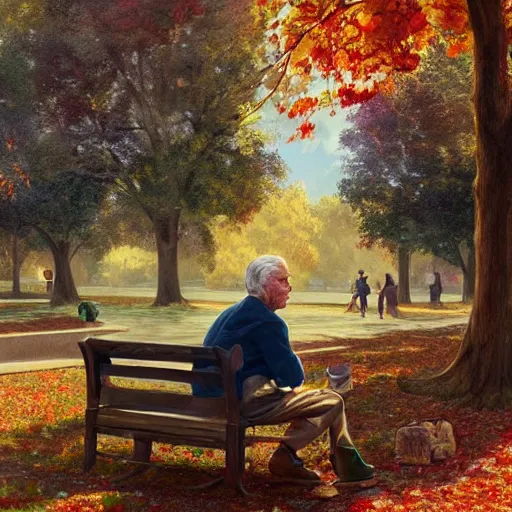 Image similar to 1940s old man sitting on a bench in a city park, colorful autumn, highly detailed, digital painting, artstation, concept art, sharp focus, illustration, art by artgerm and greg rutkowski and alphonse mucha