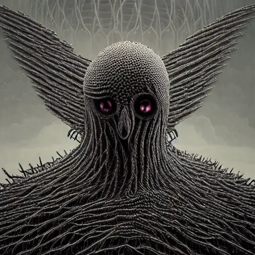 Image similar to horryfing mutant bird made of electricity fused with thousands of birds, thousand heads, mutilated, horror, blood, heavy damage, post apocalyptic, dystopian surrealism, grey, zdzisław beksinski, sad atmosphere, volumetric light, style giger, alex ries, symmetry accurate features, symmetry accurate features, very intricate details, high resolution, intricate