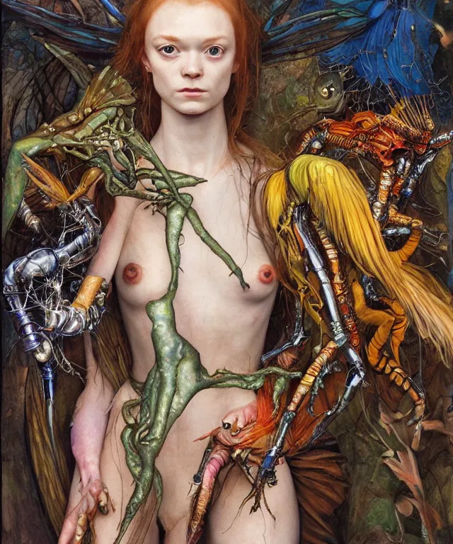 Prompt: a portrait photograph of a harpy cyborg with slimy skin being transformed into a beautiful alien. she looks like sadie sink and is wearing a colorful infected sleek organic catsuit. by donato giancola, hans holbein, walton ford, gaston bussiere, peter mohrbacher and brian froud. 8 k, cgsociety, fashion editorial